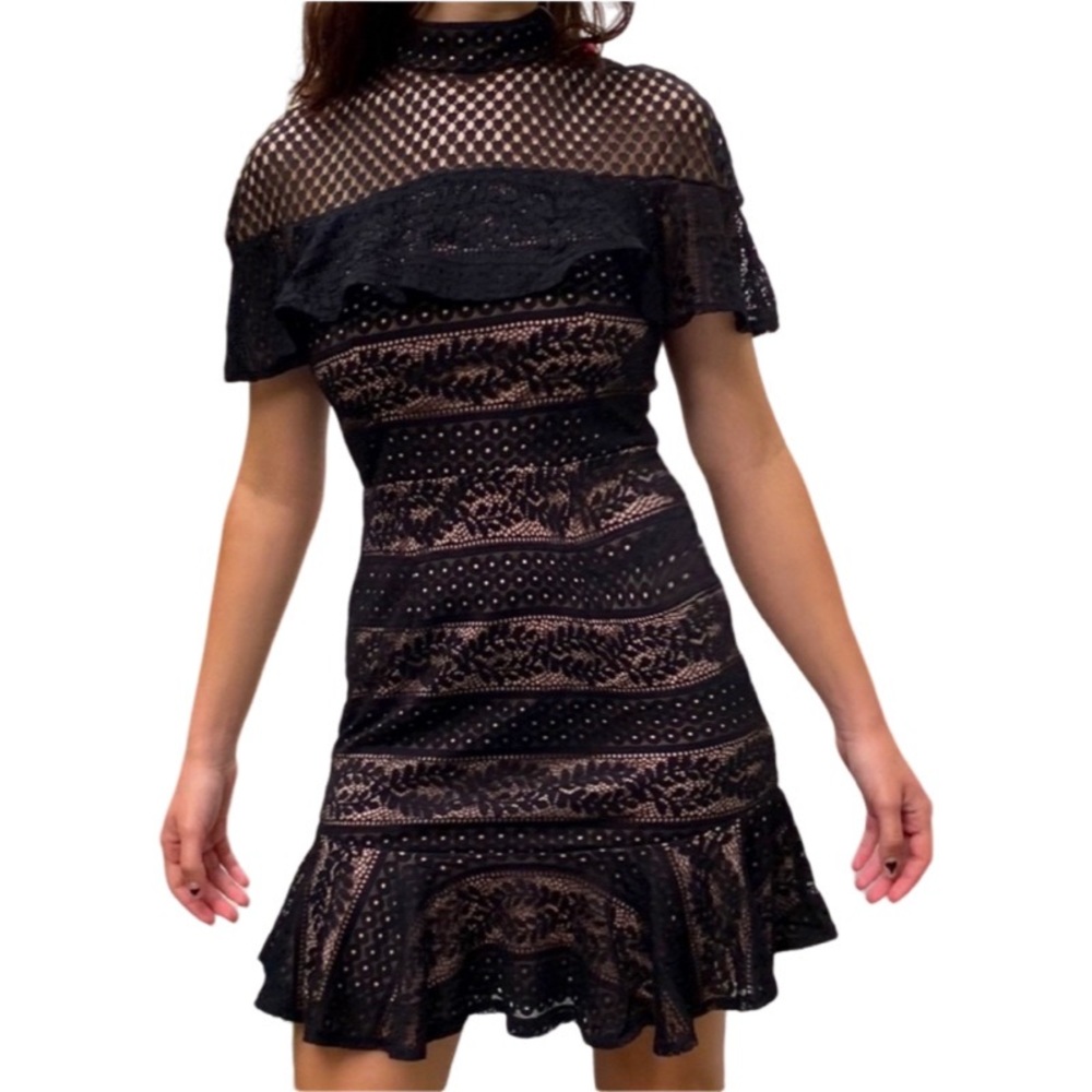 SELFIE LESLIE Lace High Neck Ruffle Mini Dress In Black Size L
